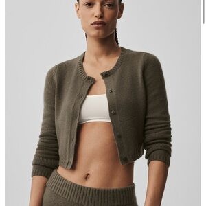 NWT ALO Yoga Olive Green Wool Cashmere Cropped Button-Front Cardigan